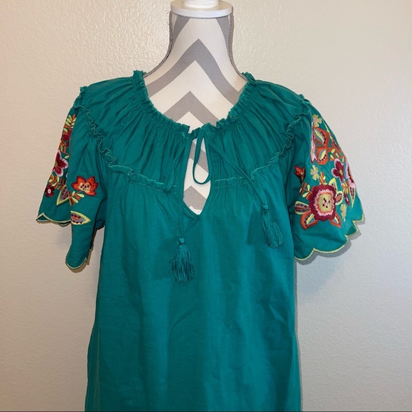 Bright Green Floral Embroidered Short Sleeve Tassel Tie Neck Flare Pocket Dress - Picture 5 of 17